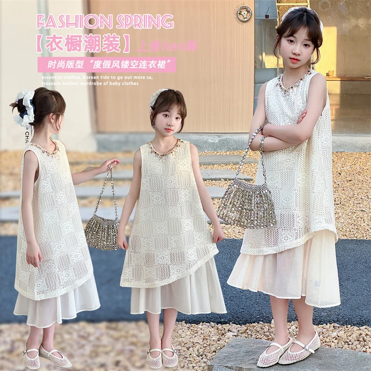甜美夏季儿童女童中大童纱网波西米亚镂空蕾丝连衣裙网红洋气时尚
