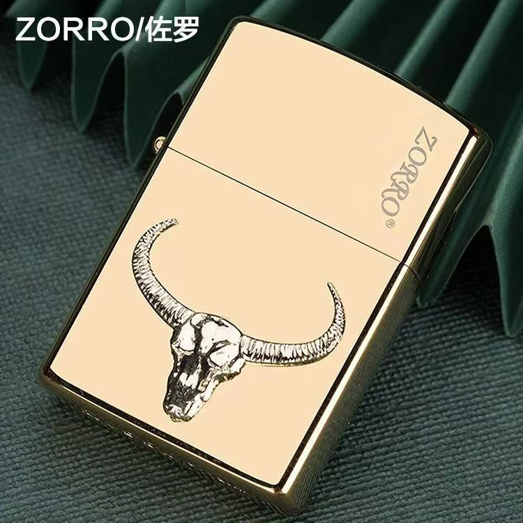 ZORRO佐罗原铜金牛头防风煤油打火机男士时尚金色生肖手工贴章