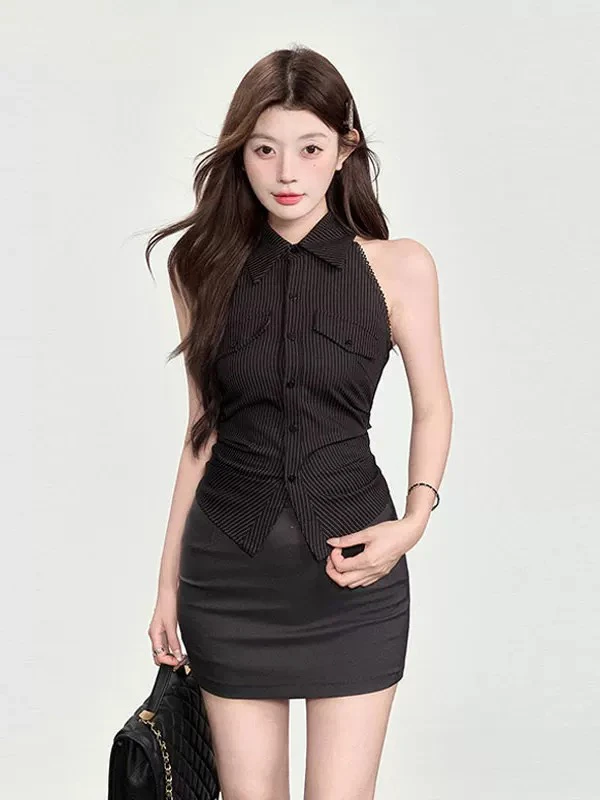 条纹无袖衬衣女2025夏季新款修身开叉收腰绑带不规则露腰上衣