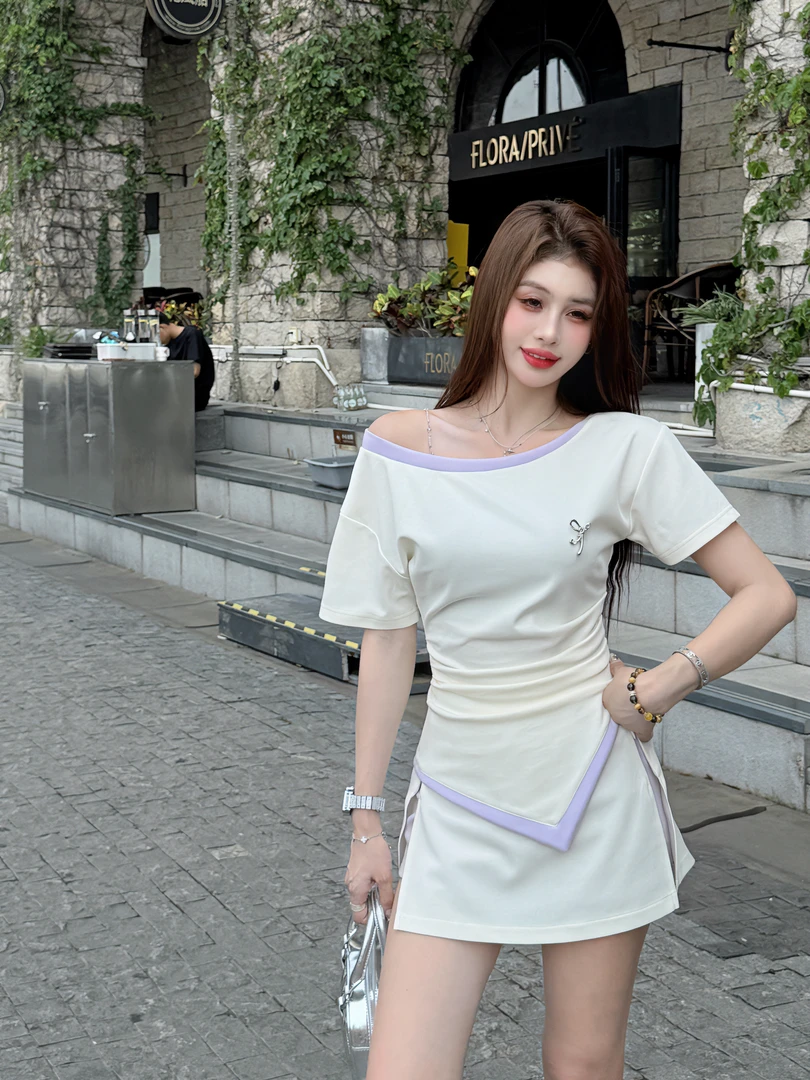 【十一家】原创【春韵双影】不规则上衣拼色开叉显瘦裙裤套装E3128