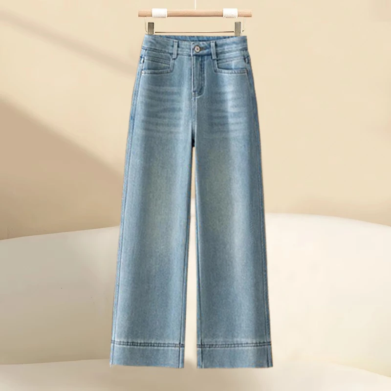 美式复古浅蓝色窄版阔腿直筒牛仔裤女2025夏季薄款宽松弹力九分裤