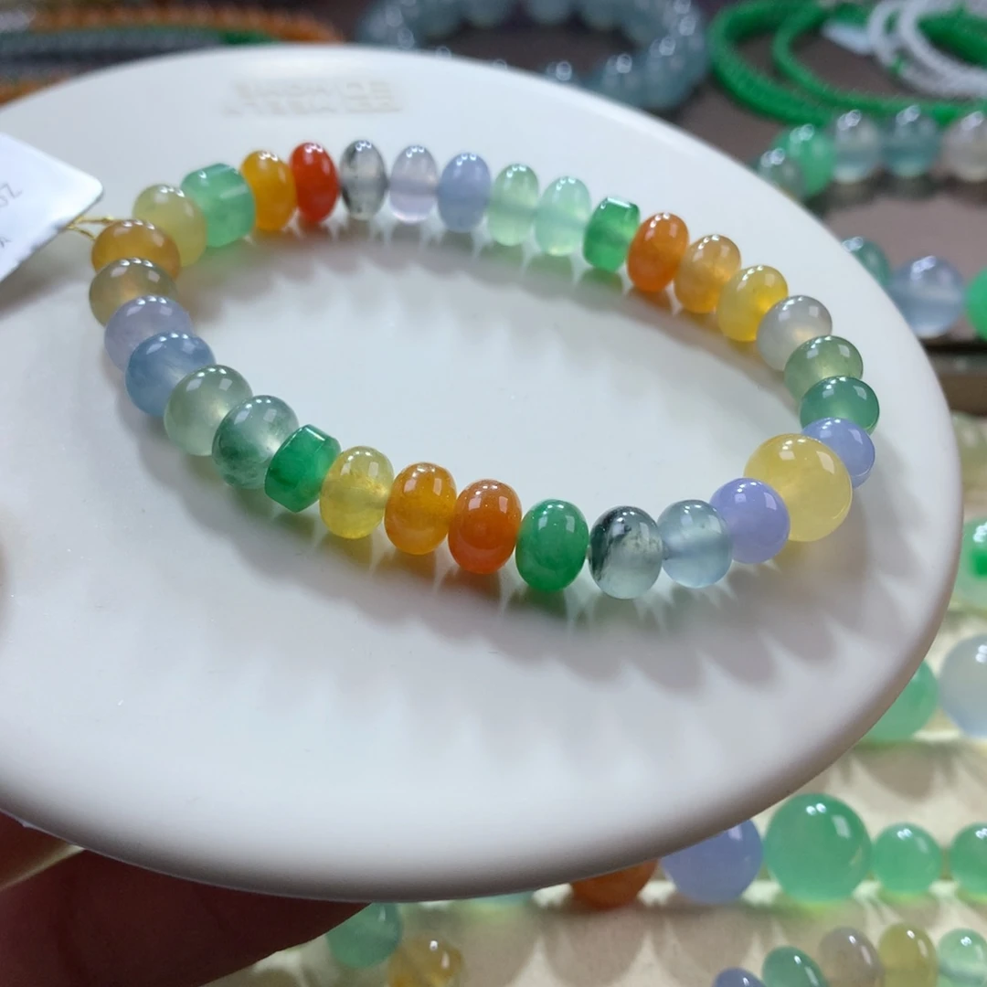 翡翠手链未镶嵌浓艳彩虹鼓珠卡6.8-9.3