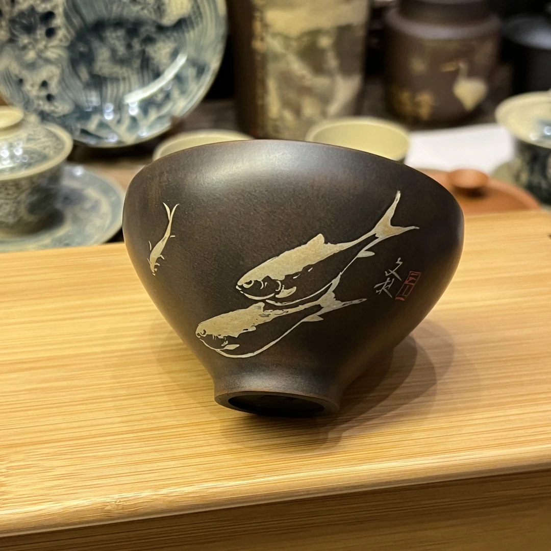 建水紫陶/纯手工/文林/鱼盏150cc主人杯