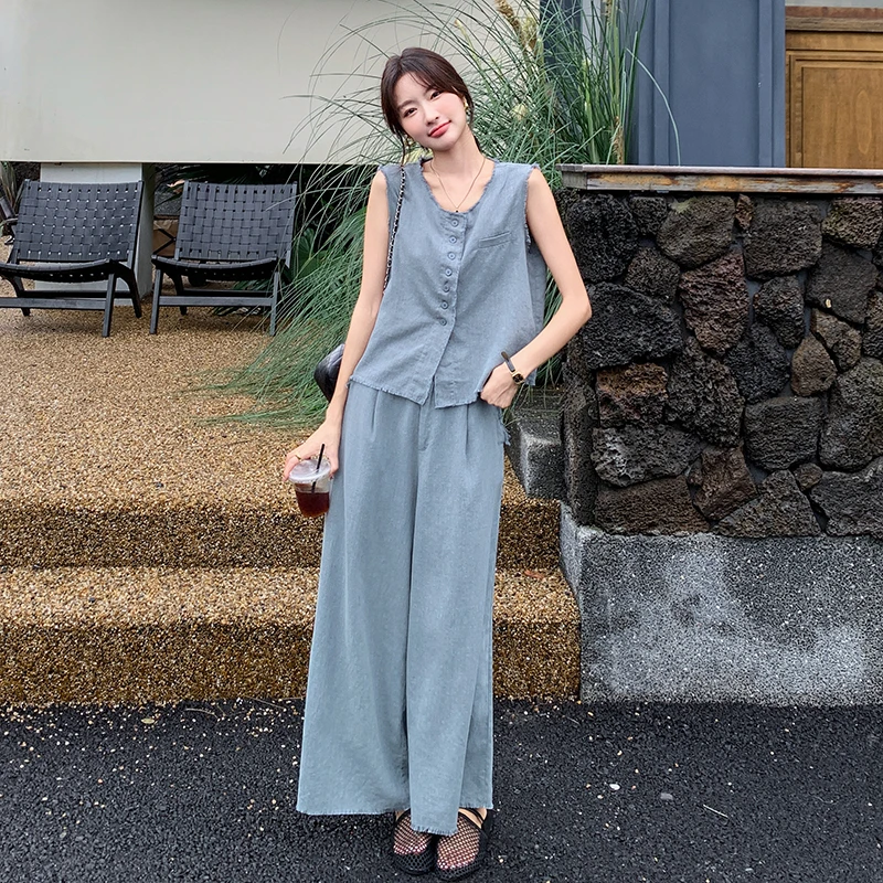 时尚气质休闲慵懒风磨毛无袖马甲套装女夏季2025新款阔腿裤两件套