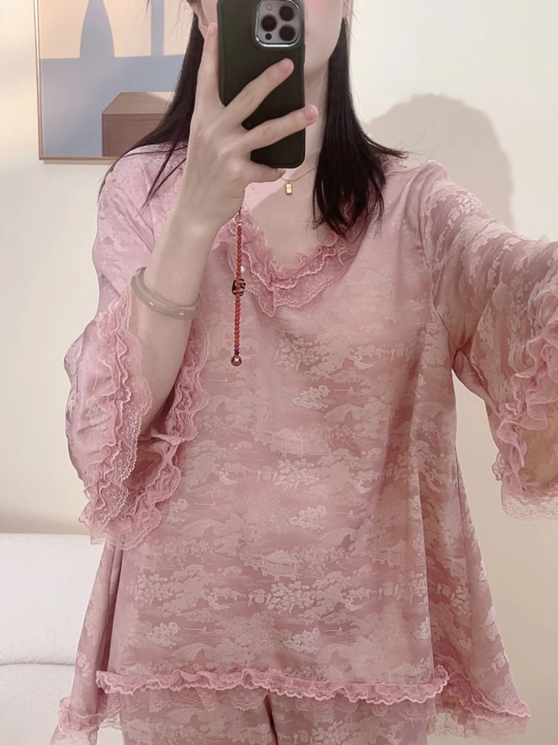 【反季清货】睡衣家居服春夏款女款可外穿亲肤柔光锻面翻领套装