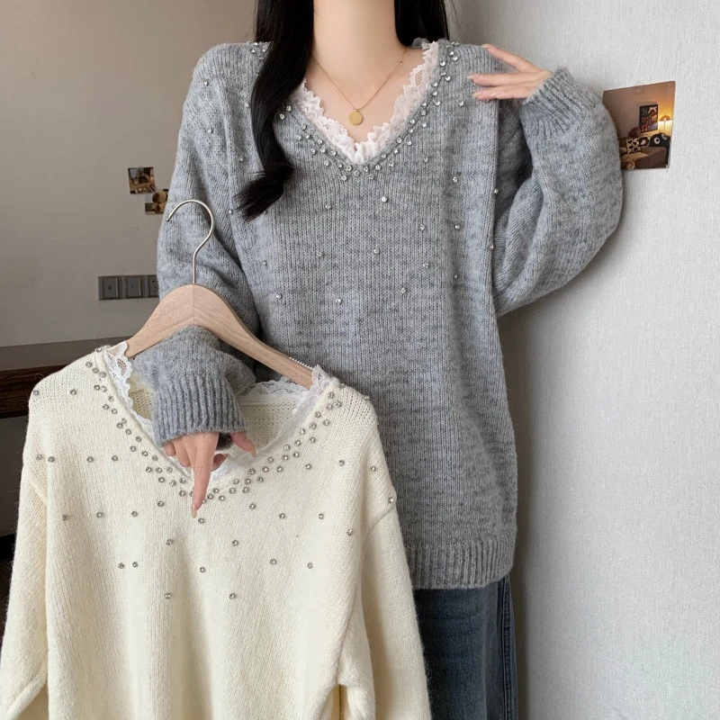 *实拍*大码女胖秋冬新品蕾丝花边上衣针织长袖套头百搭毛衣外套