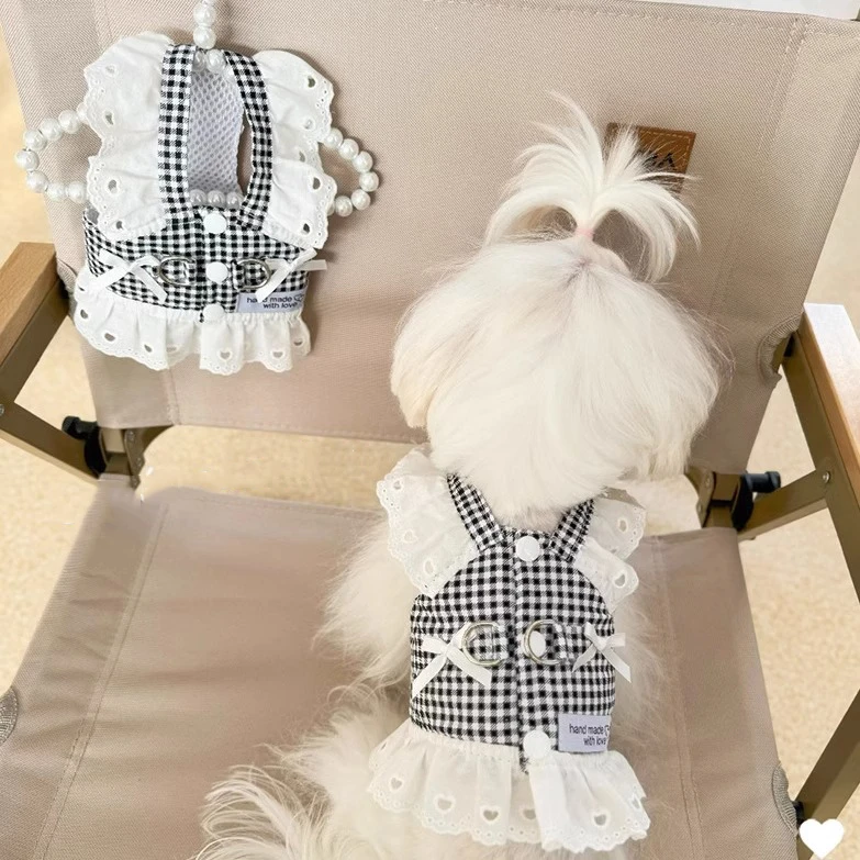 黑白格复古公主裙可牵引外出泰迪比熊博美小型犬马尔济斯胸背带