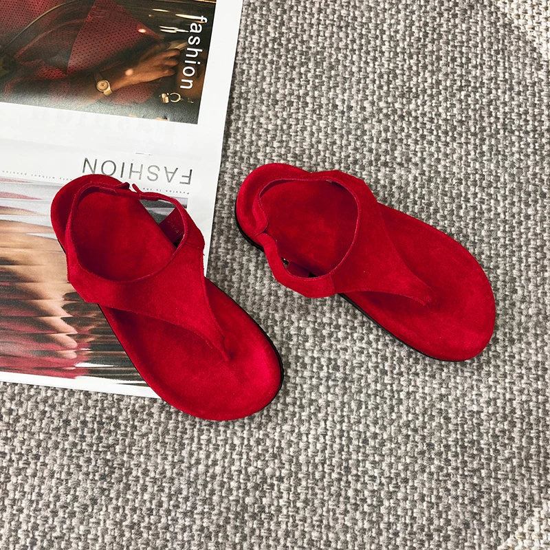 复古夹趾平底凉鞋红色人字拖2025夏季外穿配裙子度假沙滩罗马鞋女