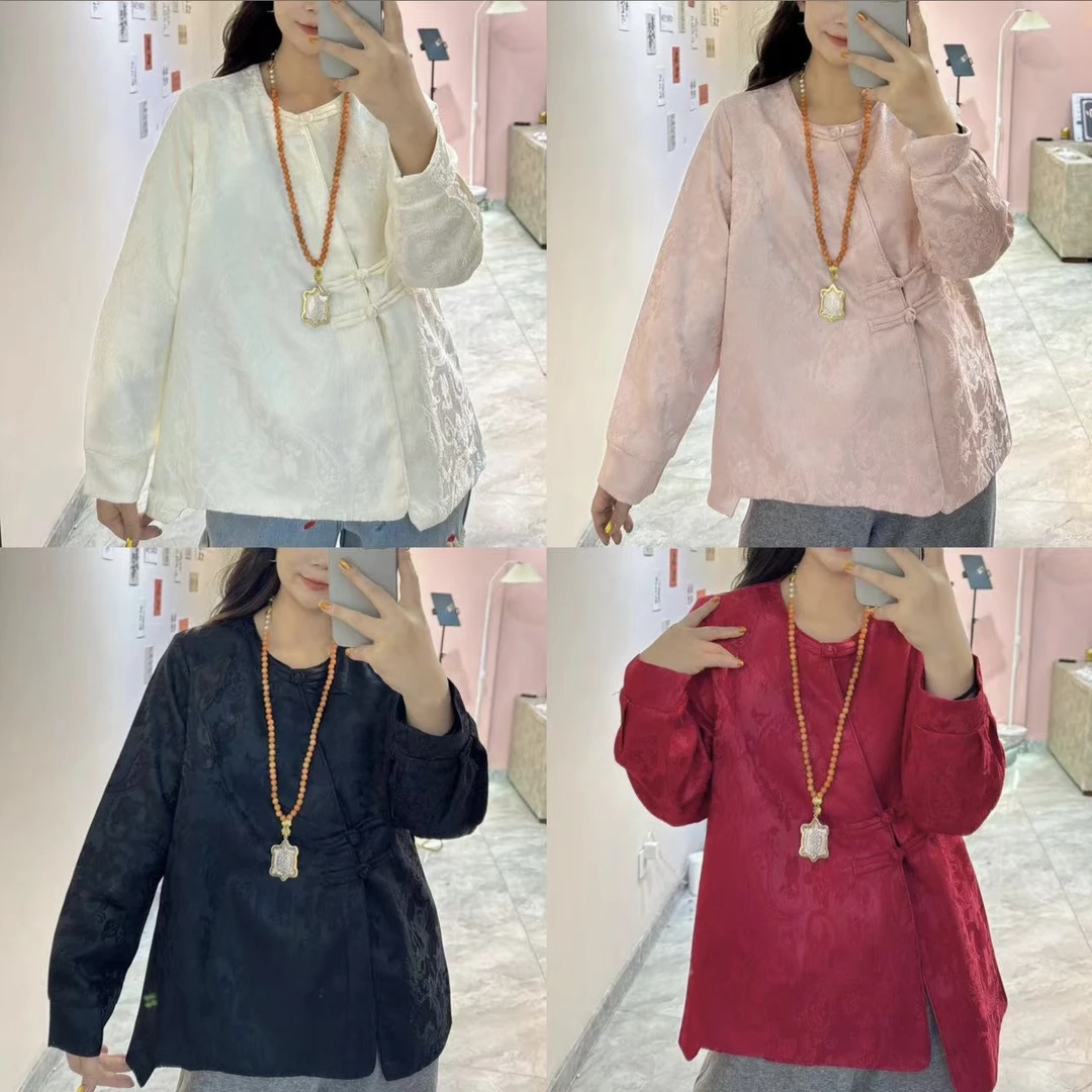 胖胖家*新款盘扣斜襟圆领百搭显瘦大衫