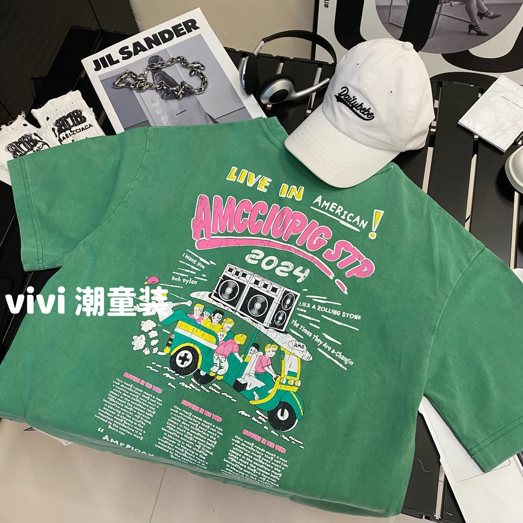 VIVI童装 2025夏季潮牌中大童绿色水洗印花字母短袖T恤