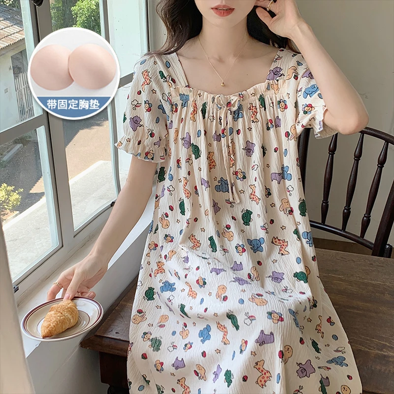 带胸垫夏季睡裙女甜美宽松女士吊带薄款睡衣新款夏天中长款家居服