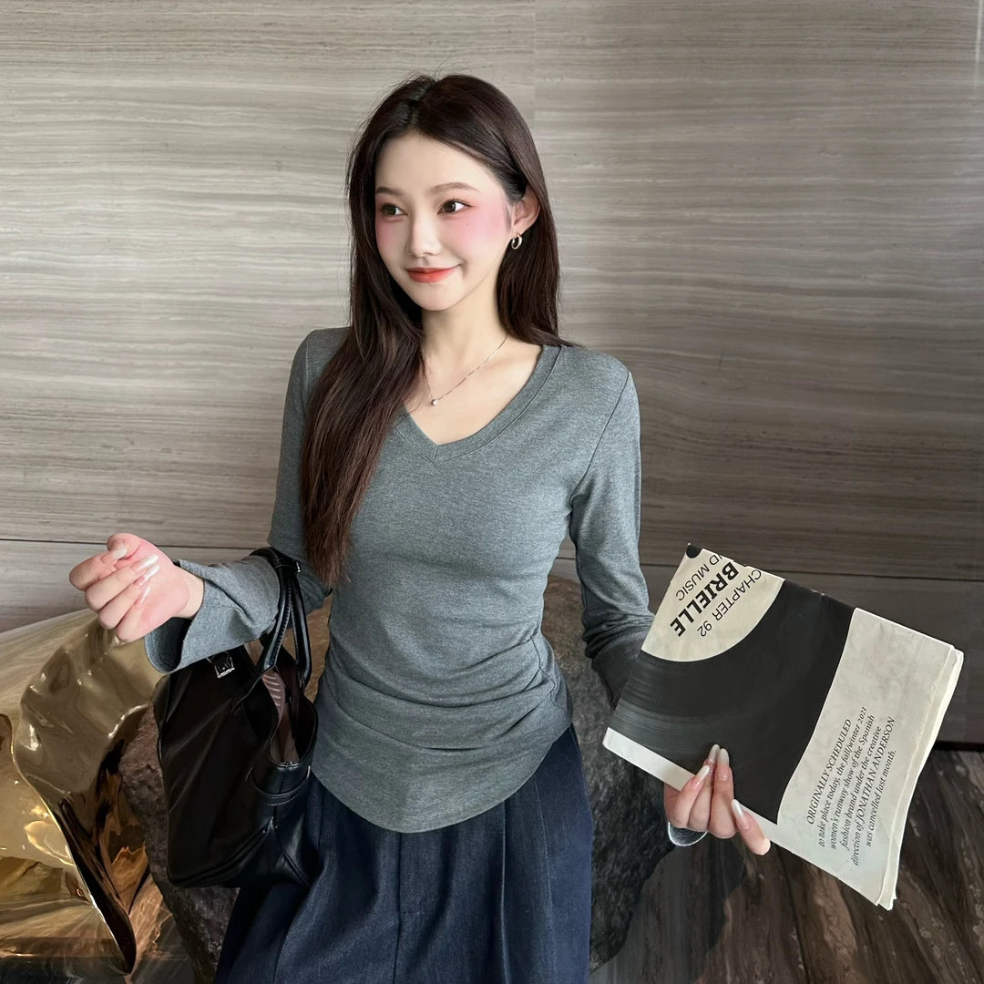 【运补6-8】微胖大码mm秋季显瘦韩系v领收腰修身抽褶弹力长袖T恤