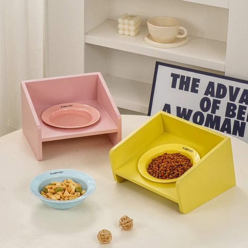 飞碟碗架斜口猫碗增高架斜口幼猫猫食盆护颈架子中小型狗狗碗木架