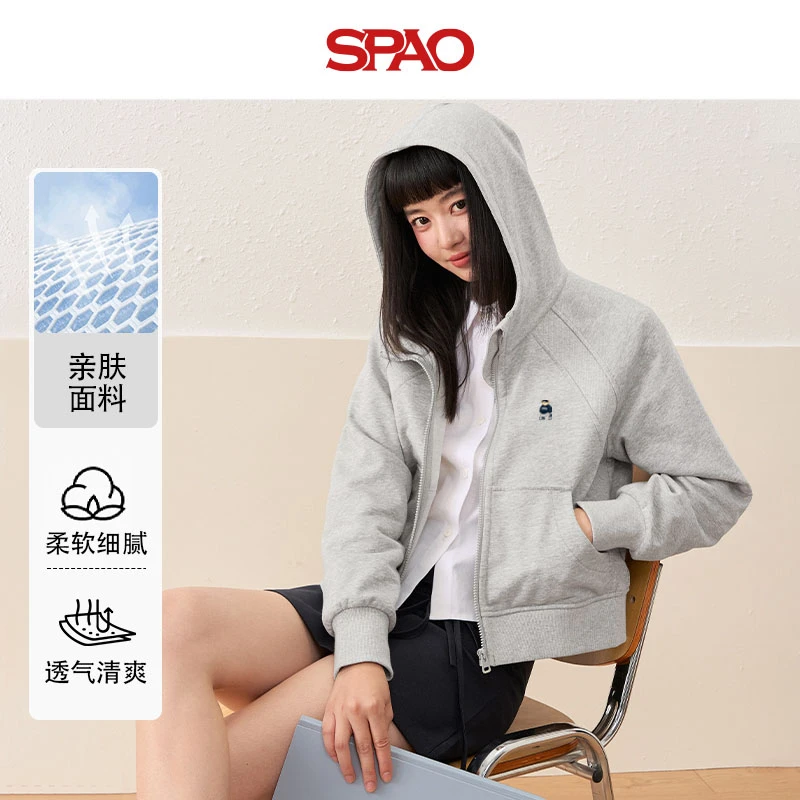 SPAO连帽开衫短卫衣WOODIE小熊刺绣秋冬女款学院风潮流休闲外套YC