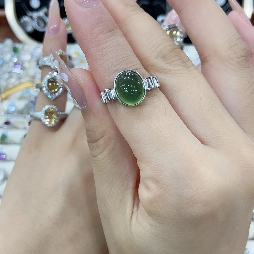 半***糖银S925镶嵌岫玉戒指