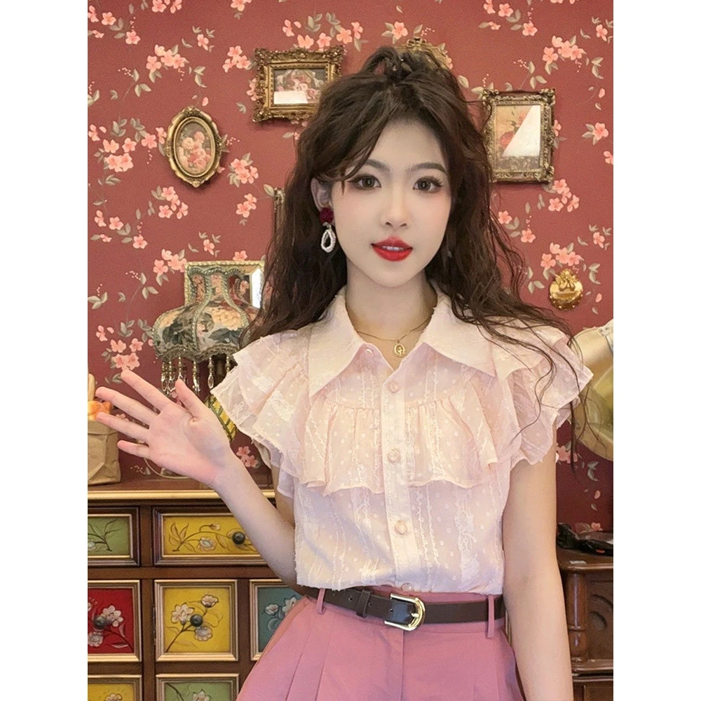 新款夏季港风小飞袖上衣独特设计漂亮衬衣粉色简约通勤荷叶边绣花