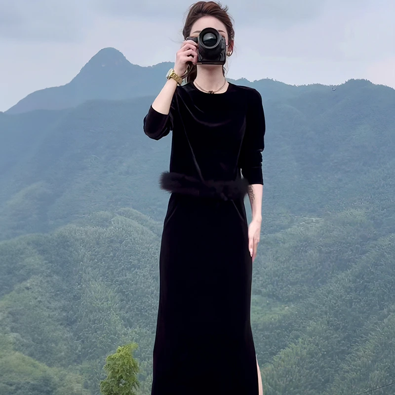 【两件套】新款圆领拼接长袖上衣高腰显瘦开叉半身裙两件套2459