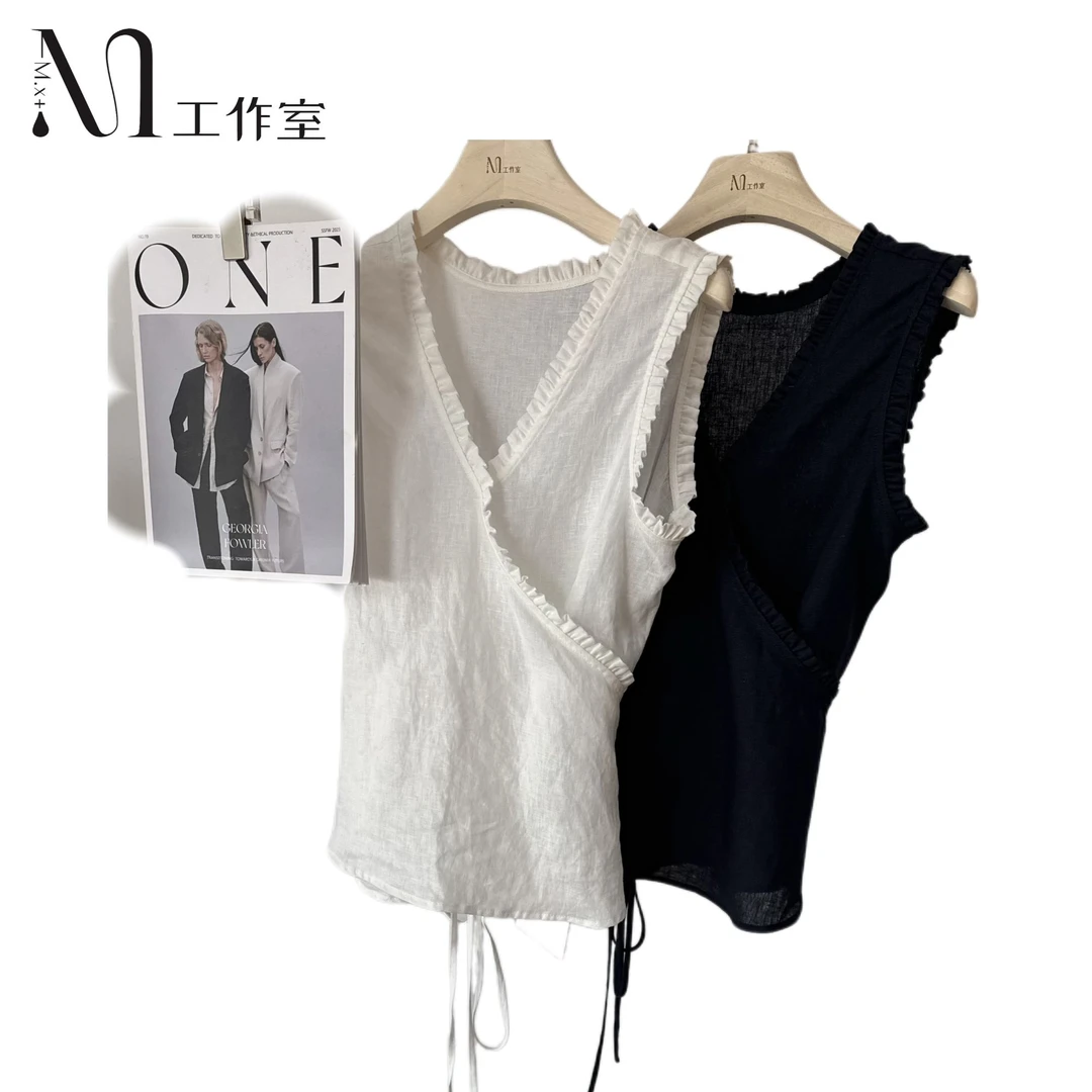 2025新款韩系夏装百搭木耳V领背心100亚麻上衣通勤