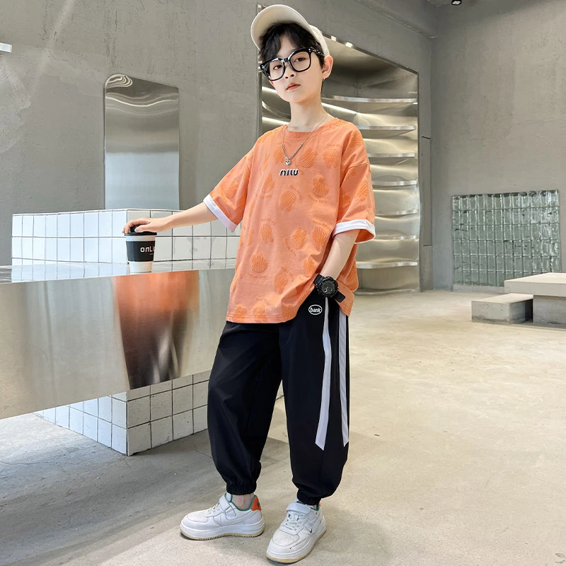 男童夏装套装2025新款儿童炸街防蚊长裤痞帅短袖中大童多巴胺穿搭