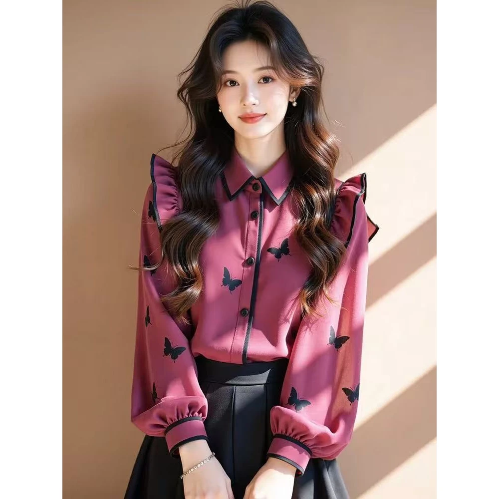 独特超好看玫红色蝴蝶印花衬衫女装2025新款小飞袖上衣泡泡袖衬衣