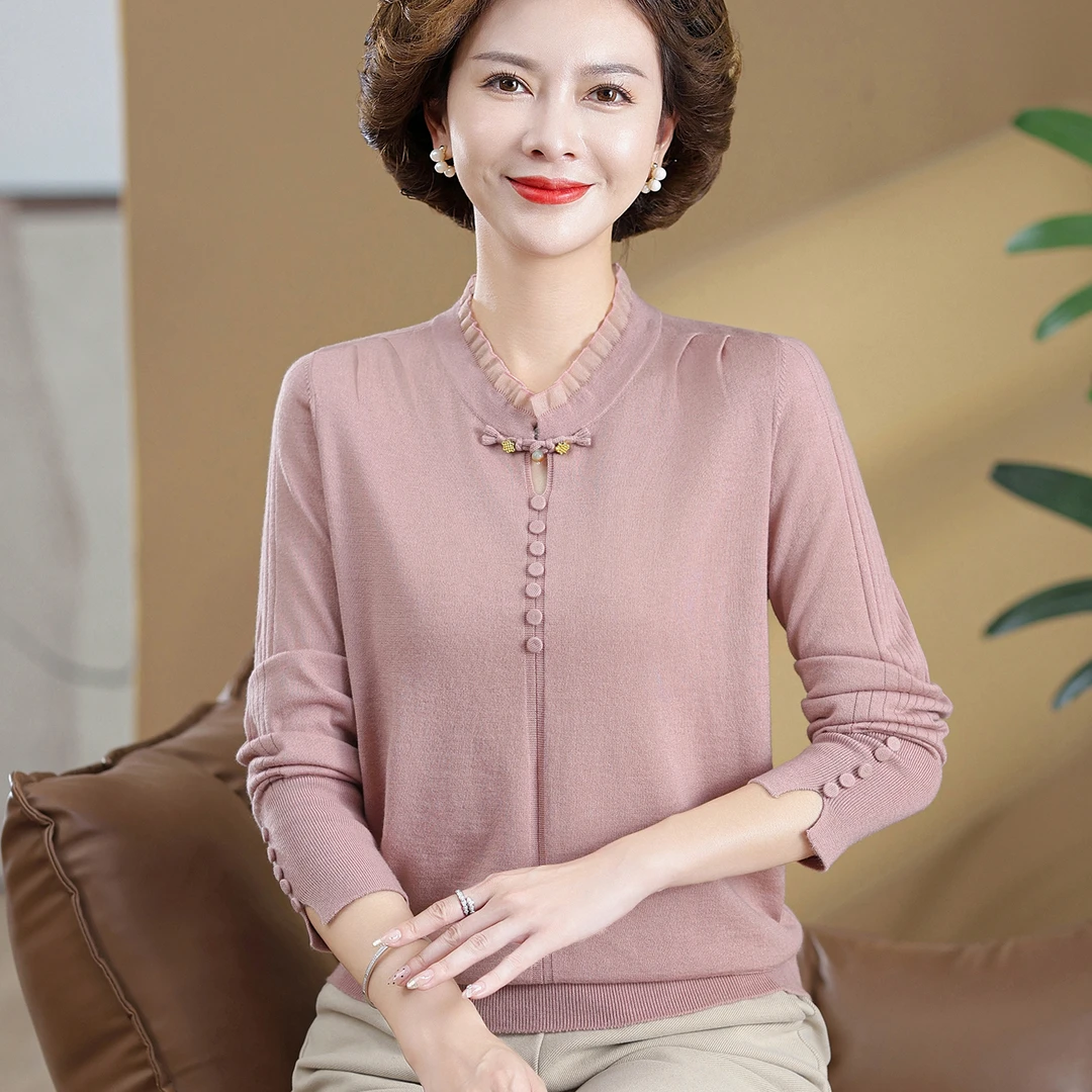 中年妈妈春装薄款针织洋气小衫新款中老年女装t恤上衣服宽松大码