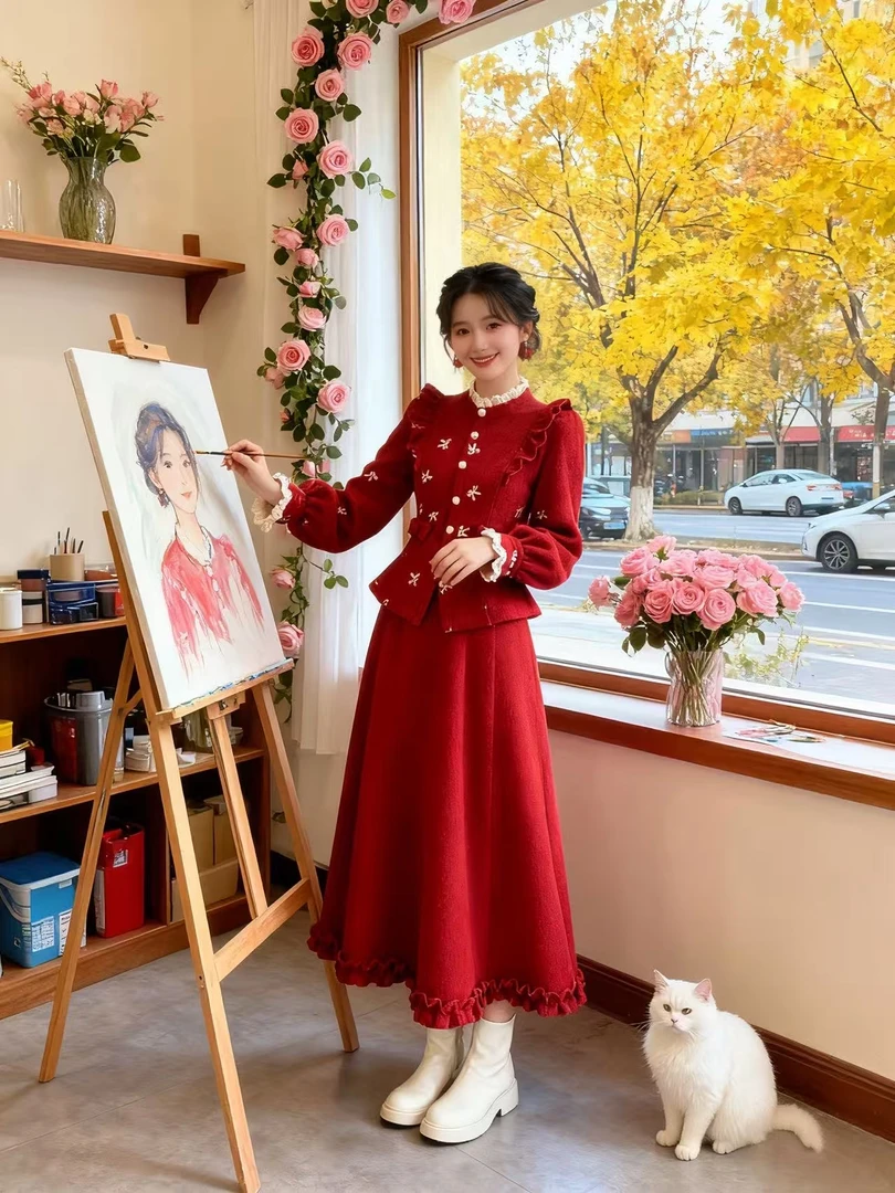 [运补6]674-8#温柔风红色套装女冬高级感蝴蝶结上衣木耳边半身裙