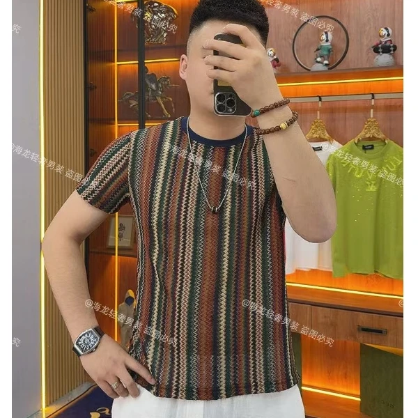 K382 拼接条纹半袖 T恤欧品精品时尚潮流透气凉爽青年