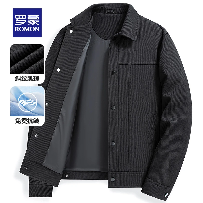 罗蒙长袖拉链翻领春季常规款夹克外套男士秋冬秋季商务竖纹