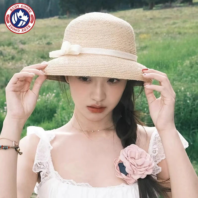 RUDY GOOSE高品质赫本风进口拉菲草帽子女款夏天遮阳防晒度假盆帽