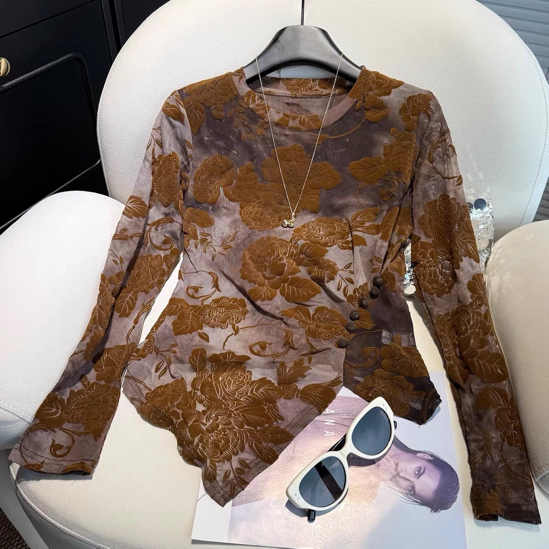 不规则长袖打底衫女2025秋季新款提花网纱透视圆领衬衫女