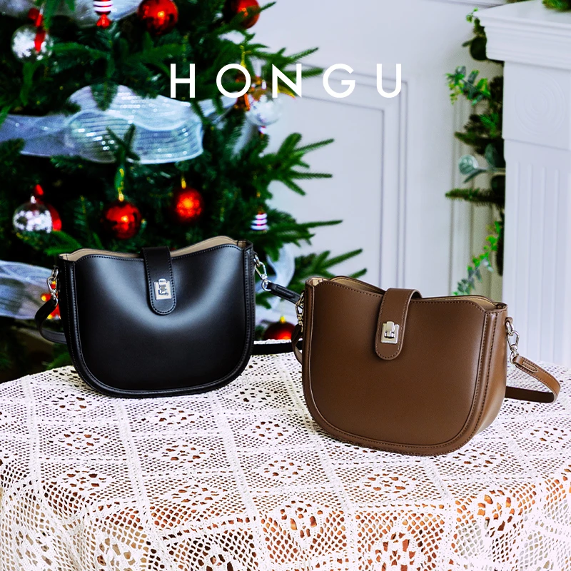 HONGU/红谷高级牛皮马鞍包女多功能单肩斜挎包小众设计H5176649X