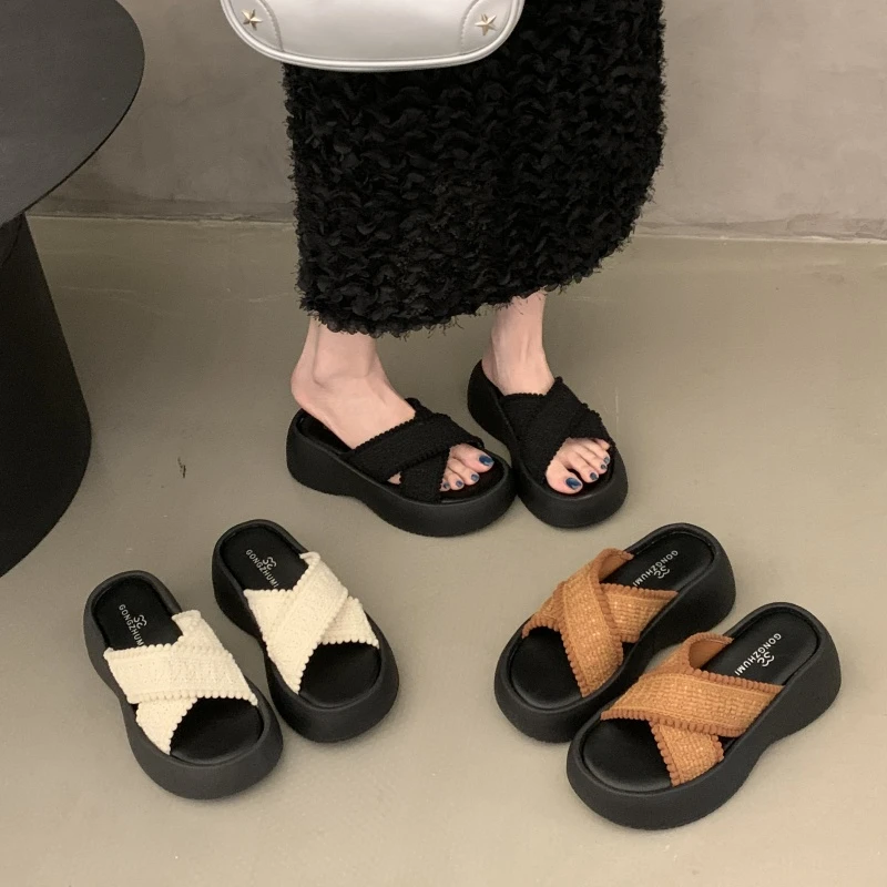 拖鞋女2025新款外穿夏时尚百搭流行厚底编制一字拖增高防滑凉拖潮