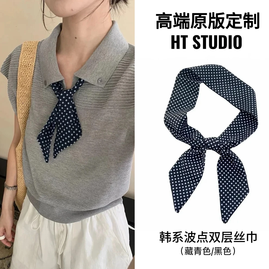 高级感藏青色波点丝巾百搭简约气质双层飘带穿搭氛围感飘带围巾