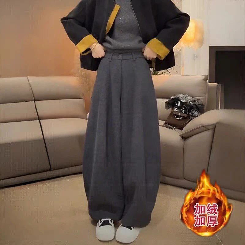 【加绒呢子裤】欧货高端高腰显瘦阔腿弯刀裤女秋冬宽松重工直筒长裤