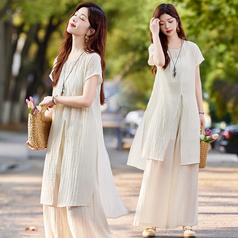 时髦设计感莱赛尔套装裤女2025夏季新款宽松洋气遮肉阔腿裤两件套