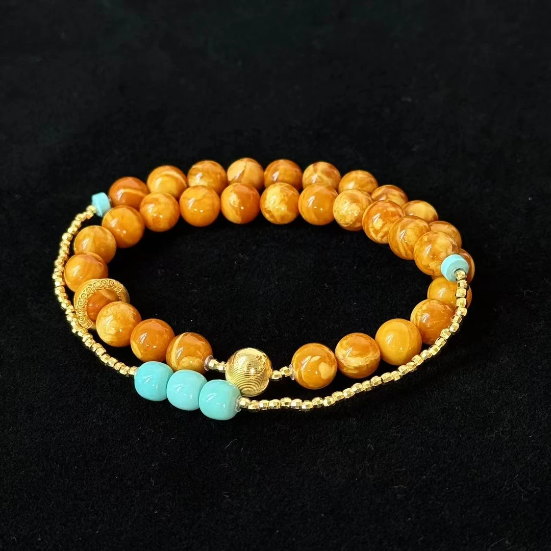 【景润·两周年】天然蜜蜡妖花蜡18k金猫眼珠设计双圈手串多样性发一