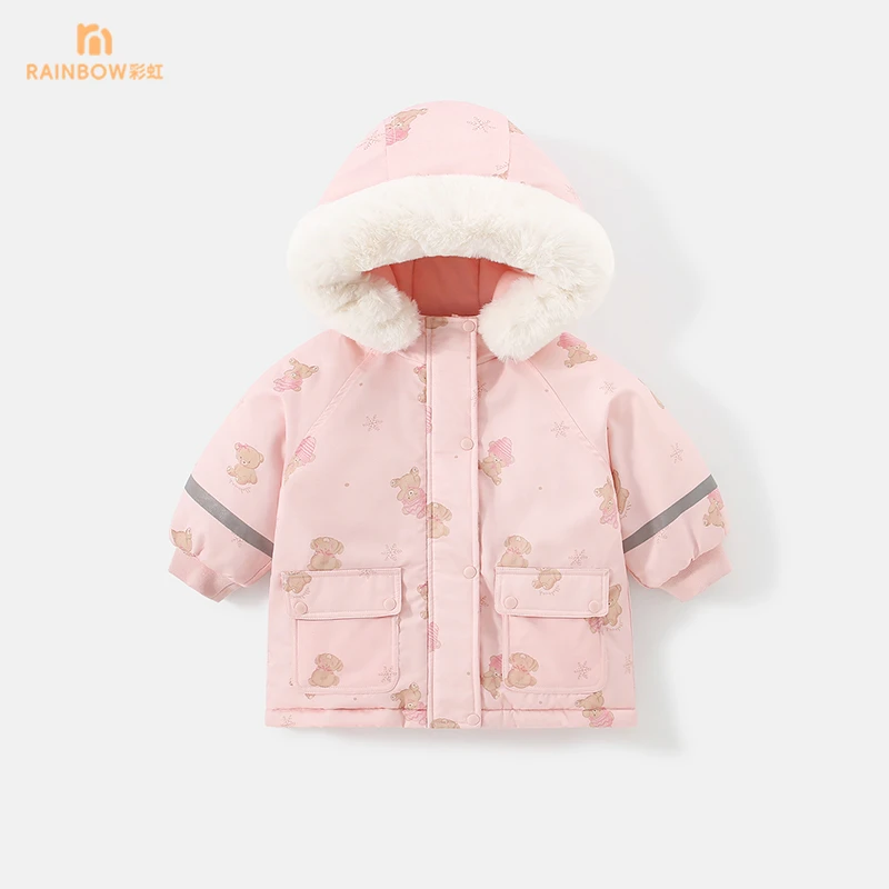 (25年冬款)小彩虹新款儿童满印小熊毛领棉服外套R5120