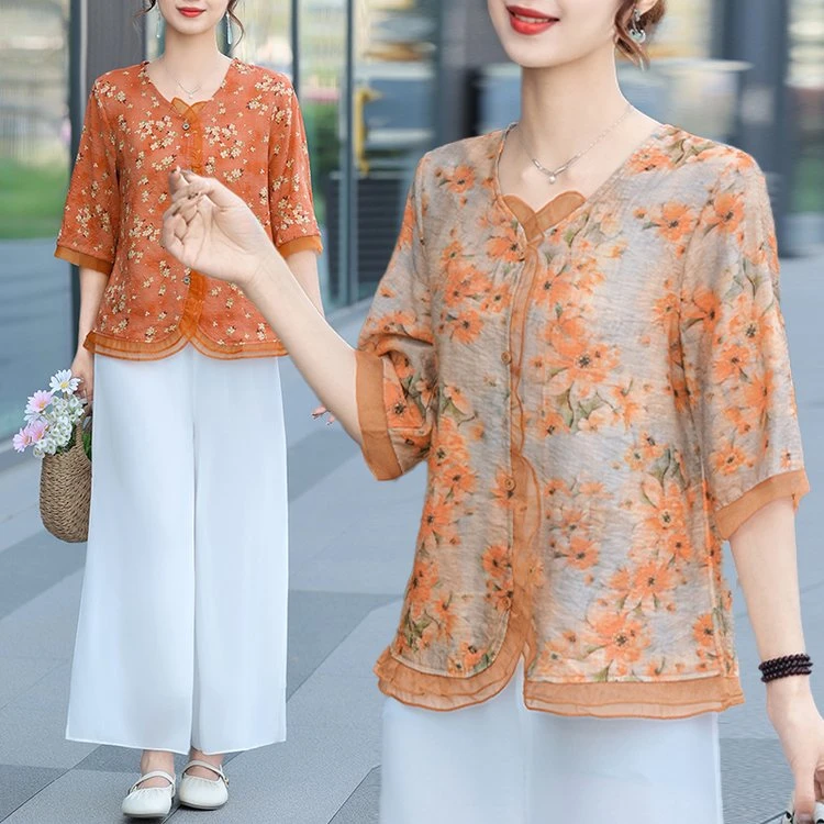 夏季薄款个性设计开衫印花五分袖百搭衬衣女宽松棉麻网纱拼接上衣