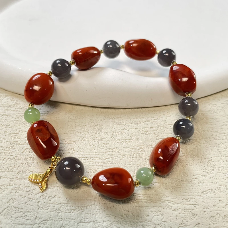 珠联帮【18K】南红玛瑙牛血火焰随形珠+烟紫粉青单圈手串