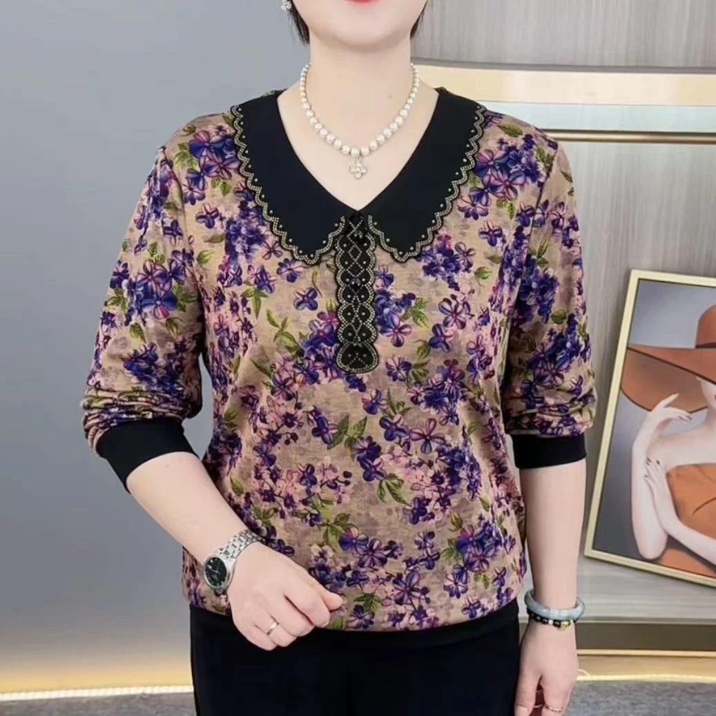 秋季新款时尚娃娃领烫钻碎花洋气妈妈装显瘦百搭长袖上衣H9909