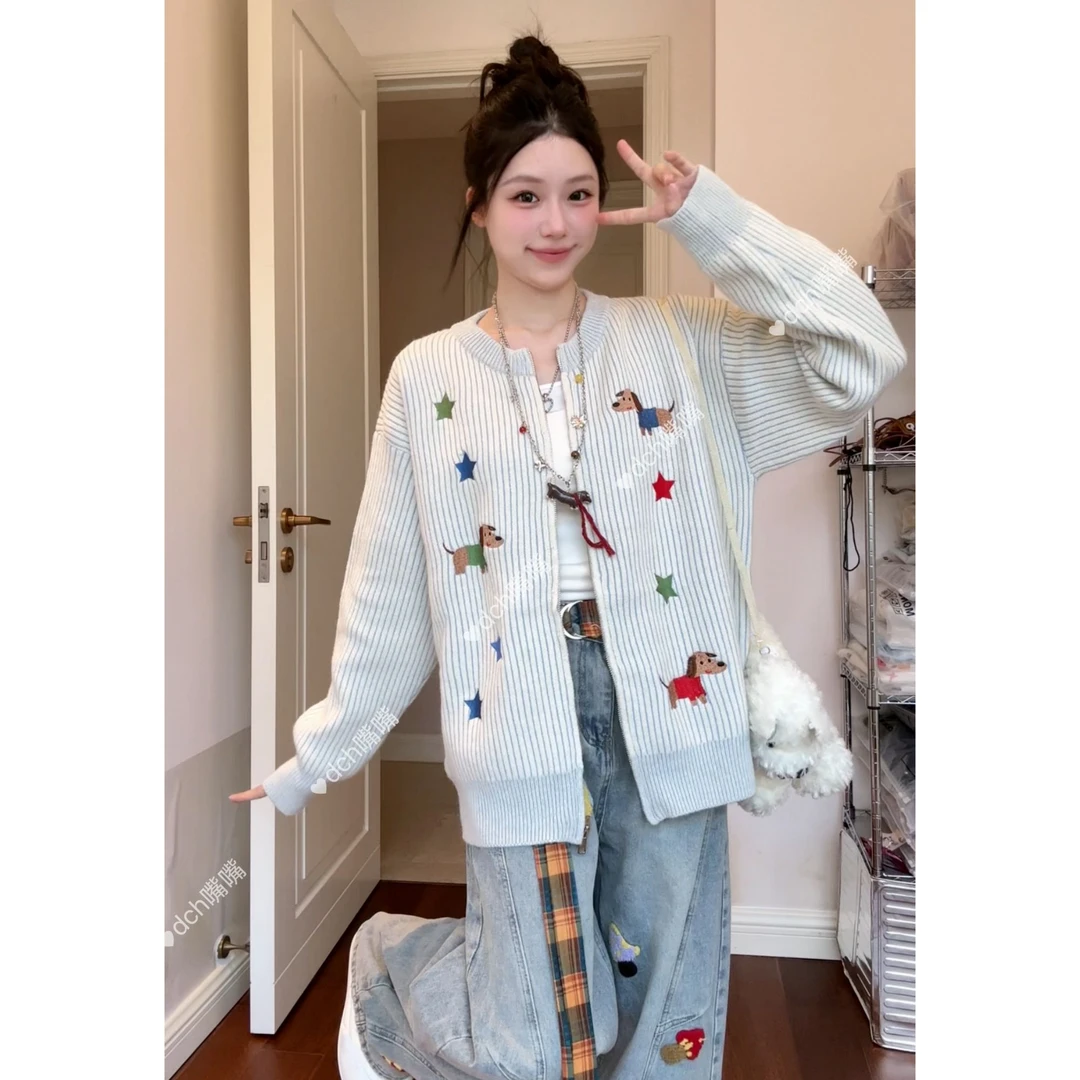 【嘴嘴专属】高街百搭长袖卡通刺绣针织秋时尚开衫男女毛衣情侣外套
