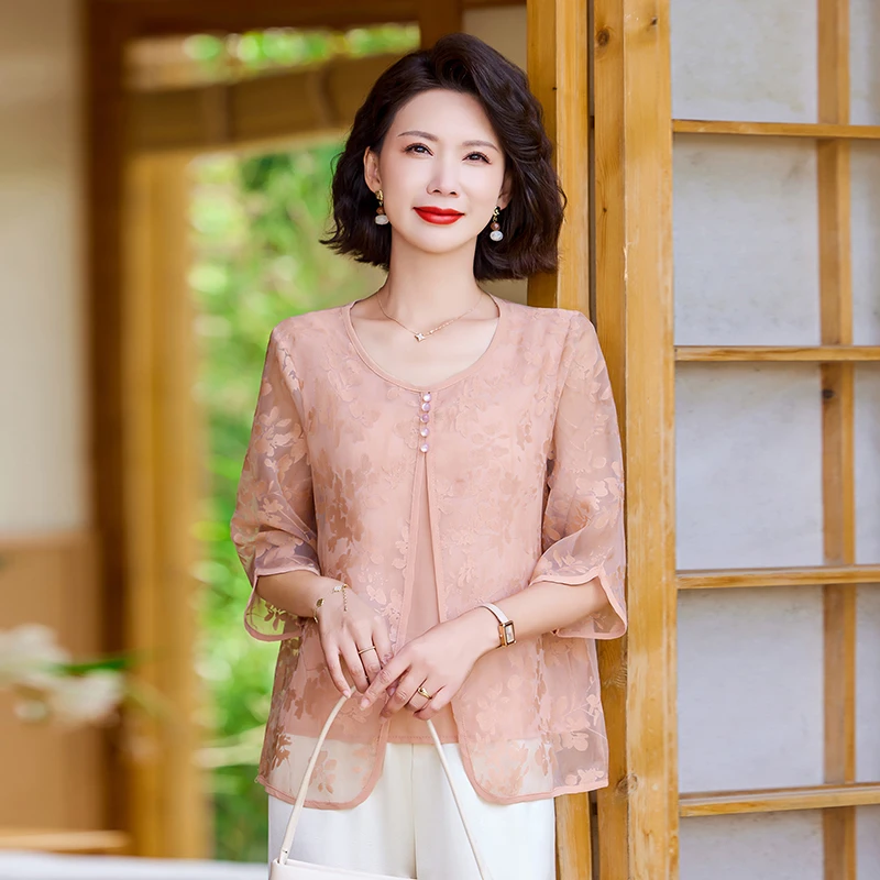 母亲节新中式妈妈夏装七分袖上衣端庄大气中年女子洋气薄外套上衣