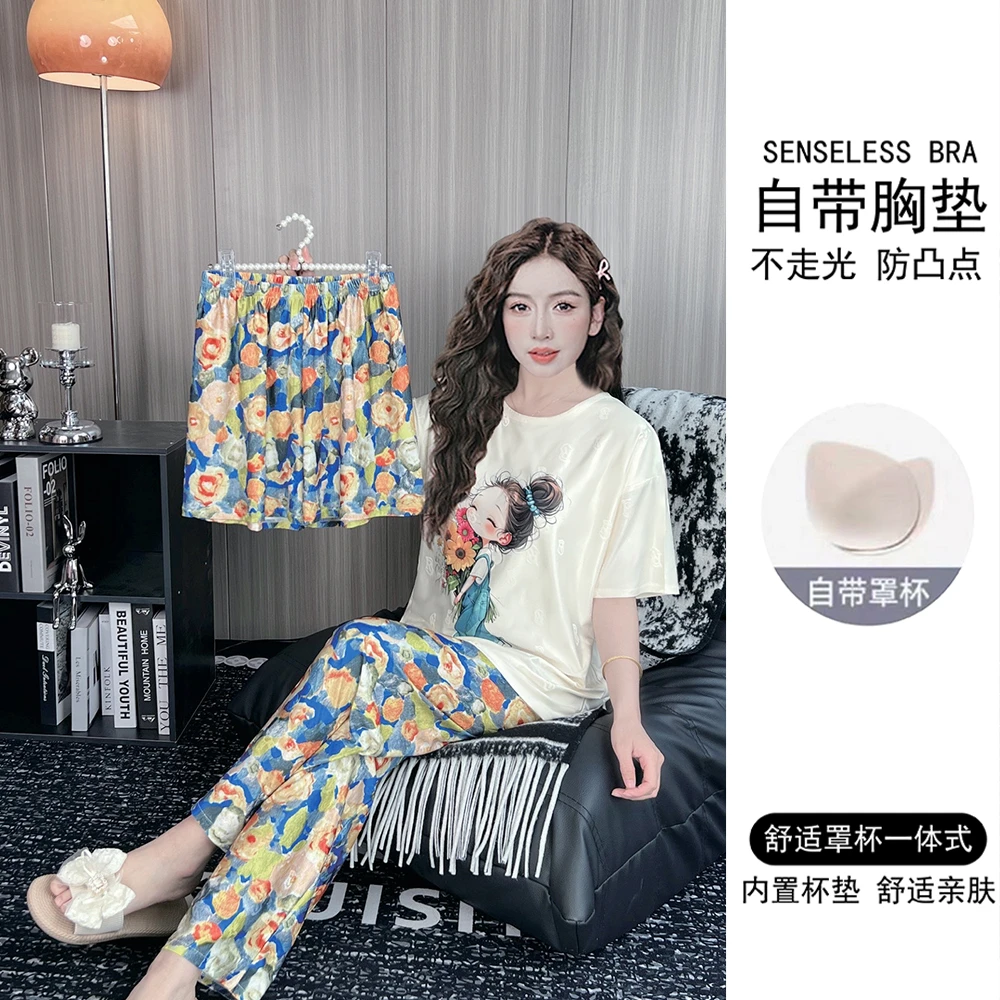 带胸垫夏季提花冰丝睡衣女短袖薄款三件套宽松卡通冰丝成套睡衣女
