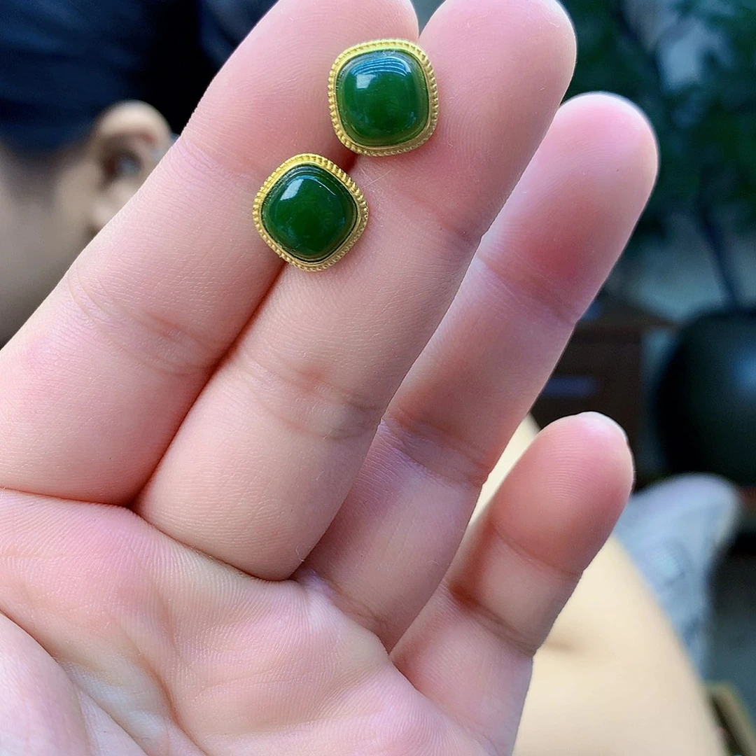 和田玉（碧玉）银S925镶嵌吊坠(不含链)耳钉