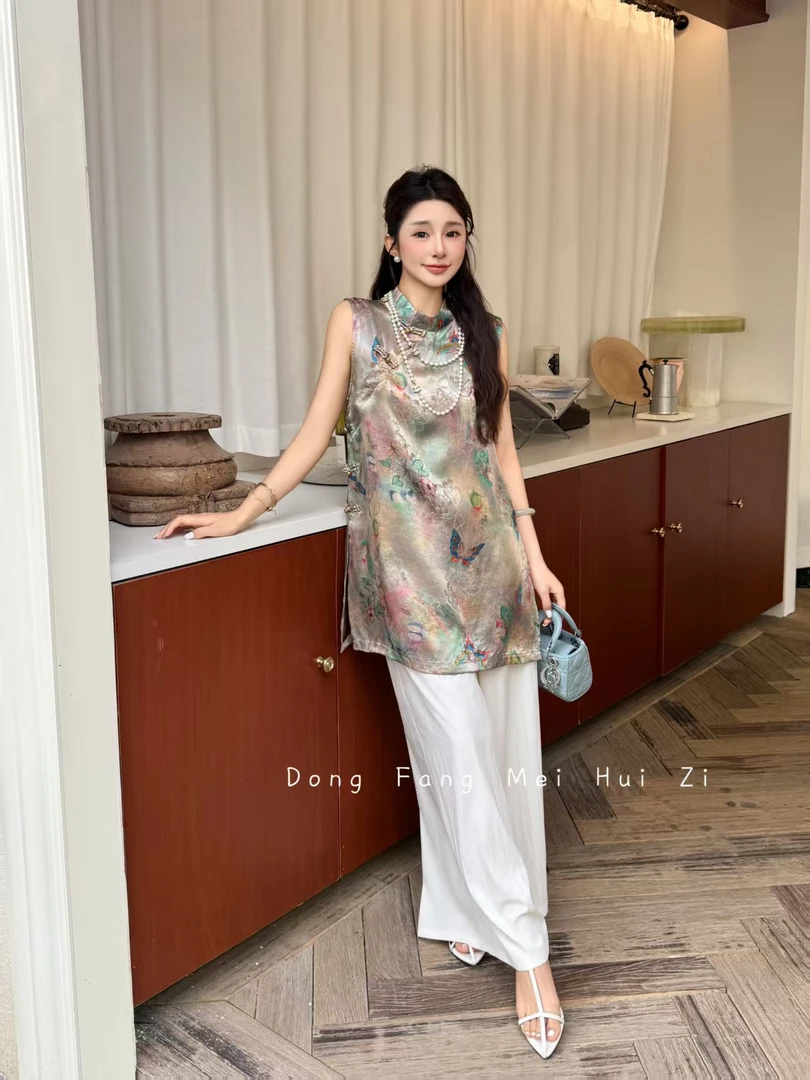 东方玫慧子25197夏季新款国风改良盘扣蝴蝶撞色印花马甲背心