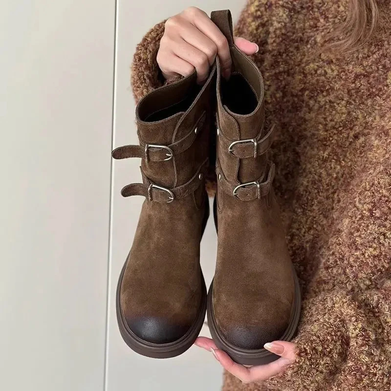 羊皮版~复古擦色皮带扣西部牛仔显瘦短靴女美拉德马丁咖中筒靴子