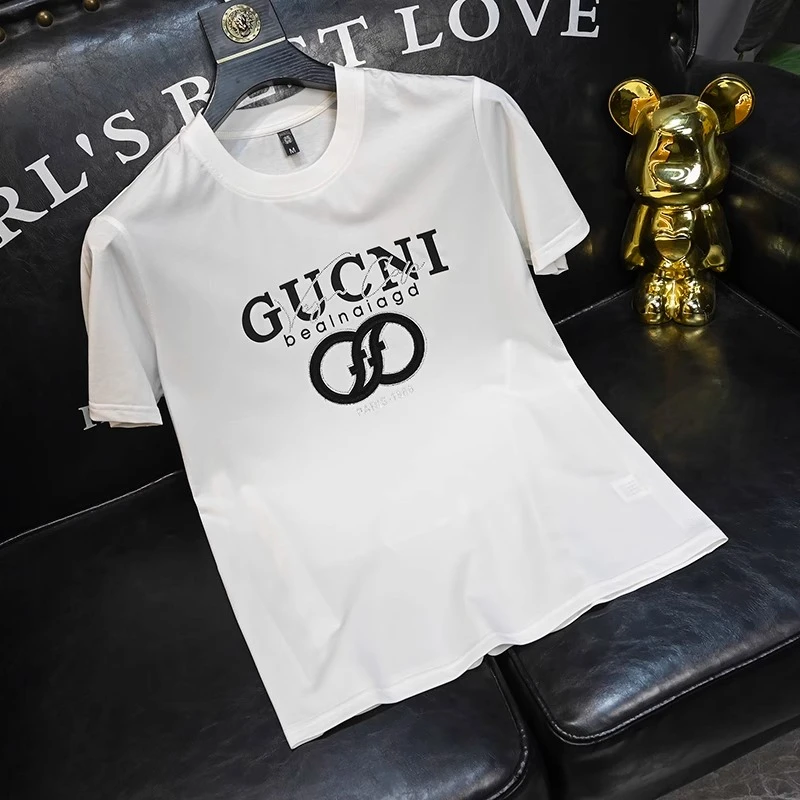 佩托本那轻奢潮牌圆领修身刺绣烫钻男士夏季丝光棉欧货短袖T恤