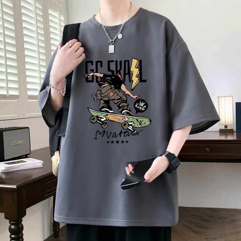 潮牌纯棉短袖t恤男生宽松休闲大码上衣美式卡通半截袖学生青少年