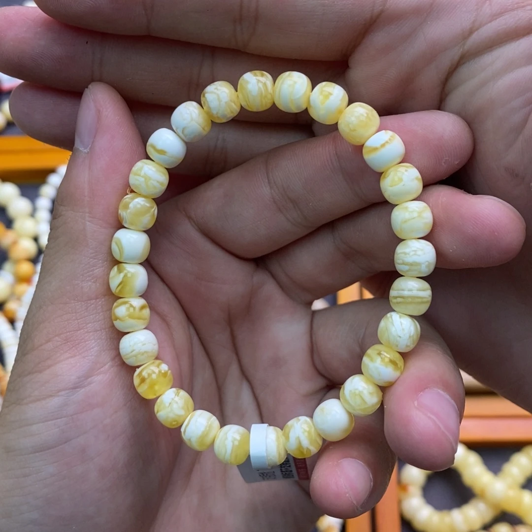 蜜蜡未镶嵌手链俄料金瓷白虎皮妖花