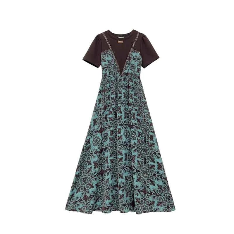 【棕调绮想】2025夏日穿搭连衣裙高级设计师假两件碎花裙子